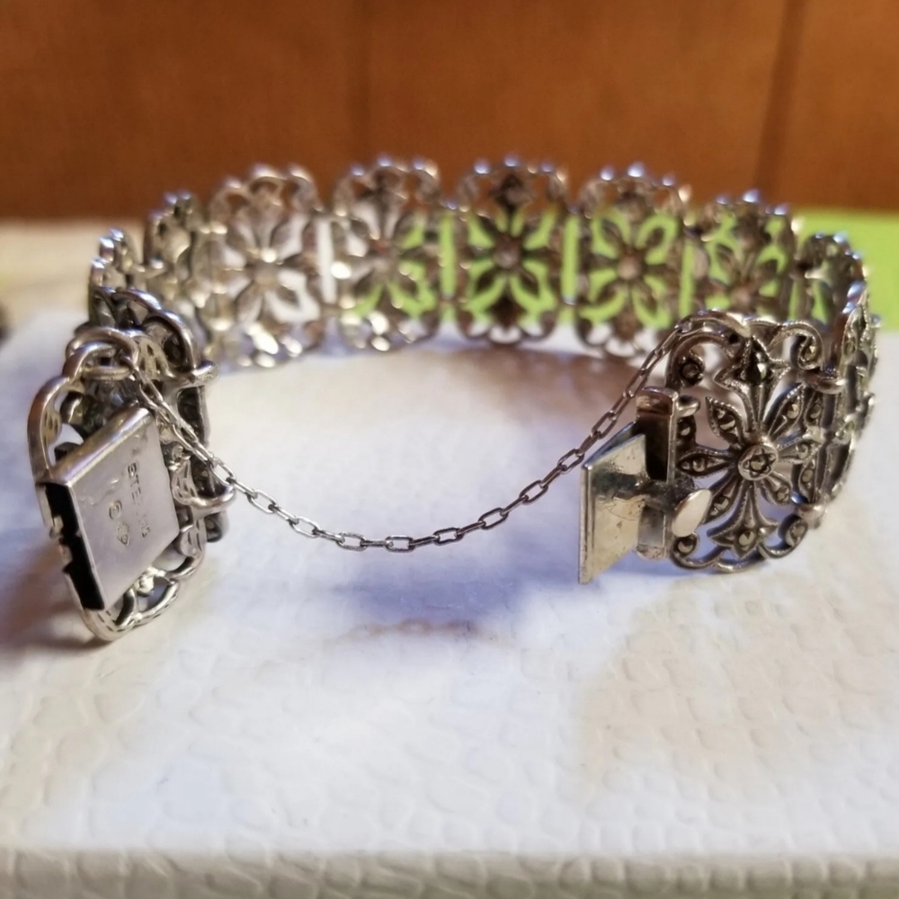 Vintage Victorian sterling marcasite, intricate floral design panel bracelet